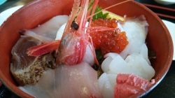 鳥取産ビーツ入りピンク色のわさびのついた海鮮丼